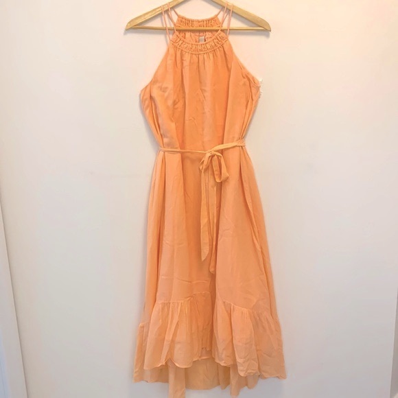 LOFT flounce halter maxi dress fully lined peach colour self tying belt medium - Picture 2 of 13